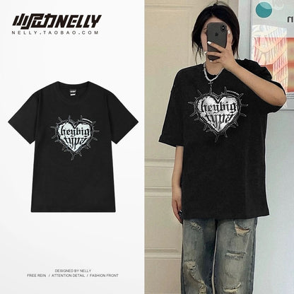 ins hip-hop national trend brand vibe style hip-hop trend European and American couples oversize love short-sleeved T-shirt male and female bf