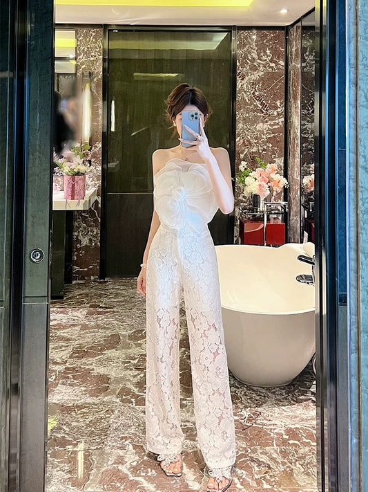 Better LS Royal sister fashion suit female three-dimensional flower tube top + lace wide-leg trousers high-end two-piece suit female summer