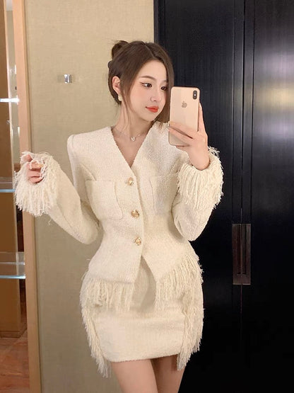Celebrity Xiaoxiang Style Suit Women's Autumn and Winter Tweed Temperament Top High Waist Slim Tassel Half Skirt Two-piece Set