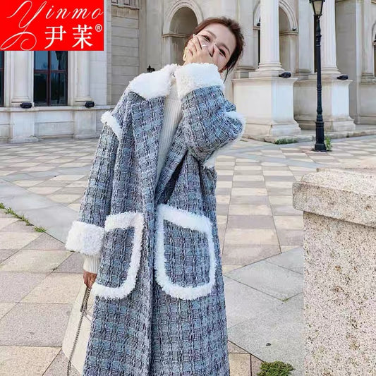 Plaid lamb wool coat for women 2023 new winter Korean style loose temperament thickened knee-length woolen coat