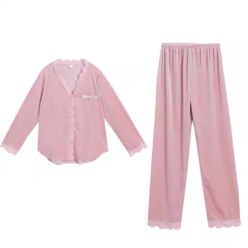 Internet celebrity luxury sexy loose casual home wear gold velvet solid color suit women's autumn and winter velvet lace pajamas