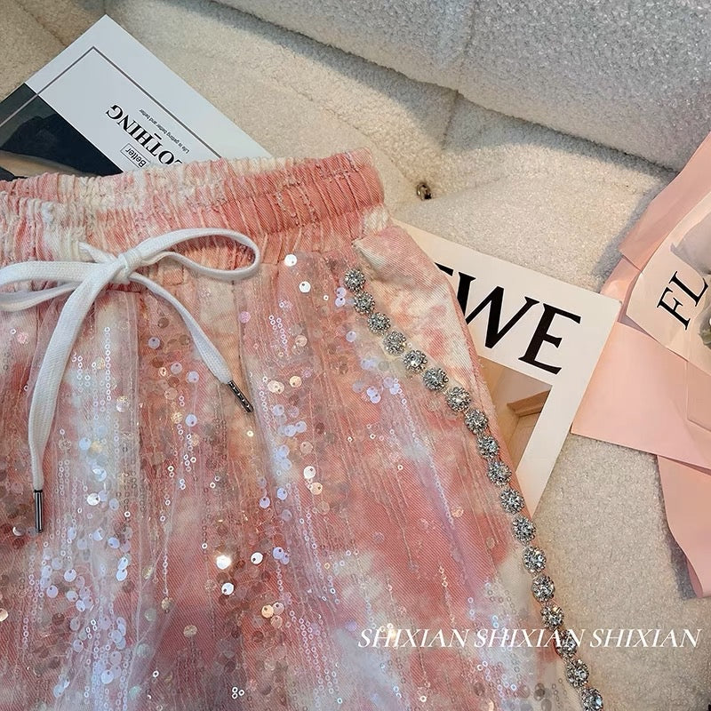Xiaoxiangfeng pink denim shorts women's summer design sense heavy industry diamond chain sequins high waist loose casual hot pants trend