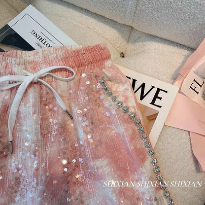 Xiaoxiangfeng pink denim shorts women's summer design sense heavy industry diamond chain sequins high waist loose casual hot pants trend
