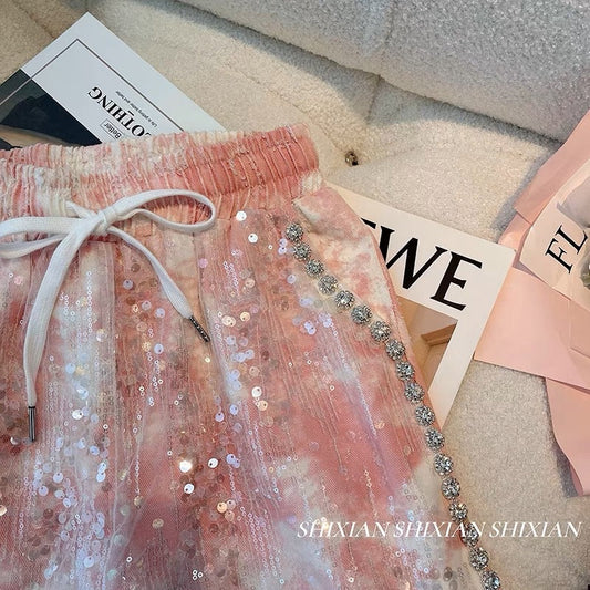 Xiaoxiangfeng pink denim shorts women's summer design sense heavy industry diamond chain sequins high waist loose casual hot pants trend