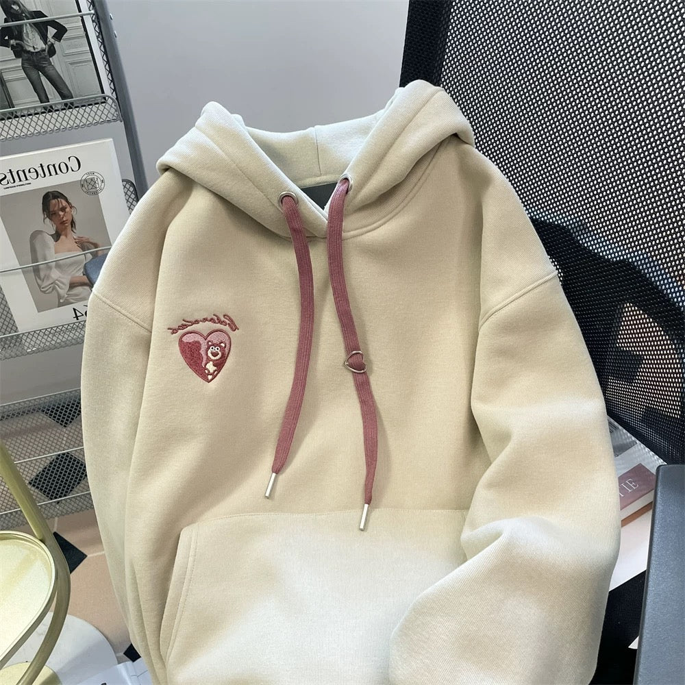 Korean lazy style sweet love bear hooded sweatshirt for men and women autumn and winter design niche plus velvet thickened top