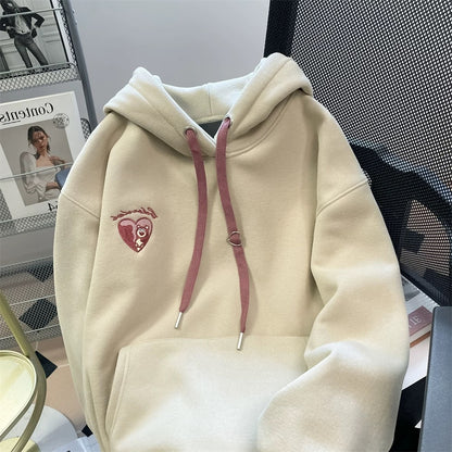 Korean lazy style sweet love bear hooded sweatshirt for men and women autumn and winter design niche plus velvet thickened top