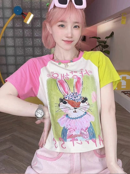 Dopamine wear contrast color rabbit raglan sleeve short-sleeved T-shirt female summer pure cotton hot girl slim high waist short top