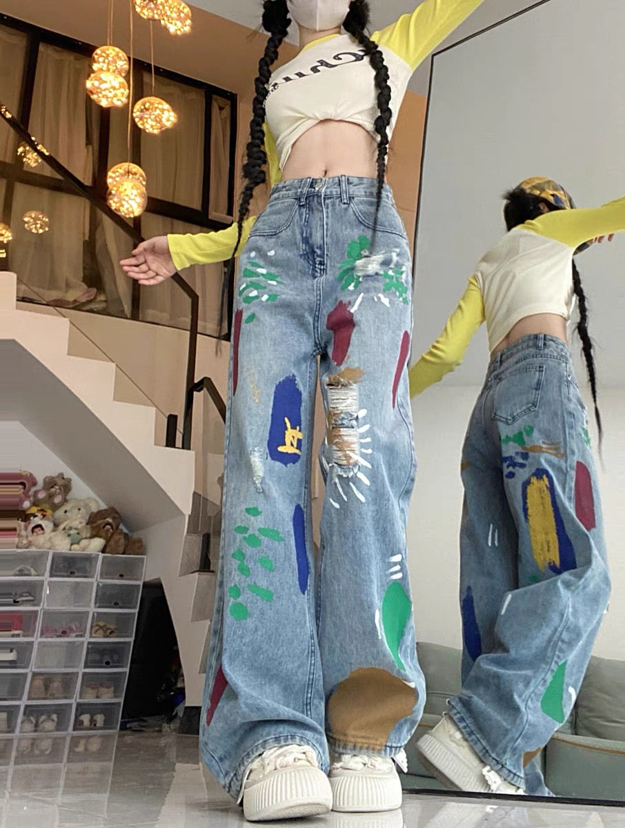 American retro ripped graffiti jeans for women, spring and autumn high-waisted trendy straight-leg versatile wide-leg drapey floor-length pants