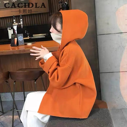 Double-sided cashmere coat women's short woolen coat for small people 2023 spring, autumn and winter Korean style loose orange top