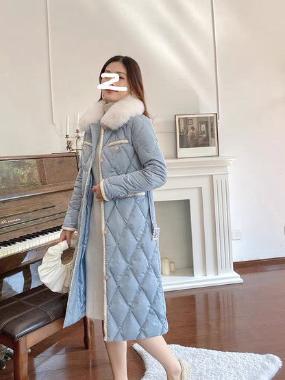 Nori Gentle Wind Down Cotton Jacket for Women Winter Retro Small Fragrance Style Real Fox Fur Collar Waist Mid-Length Cotton Jacket