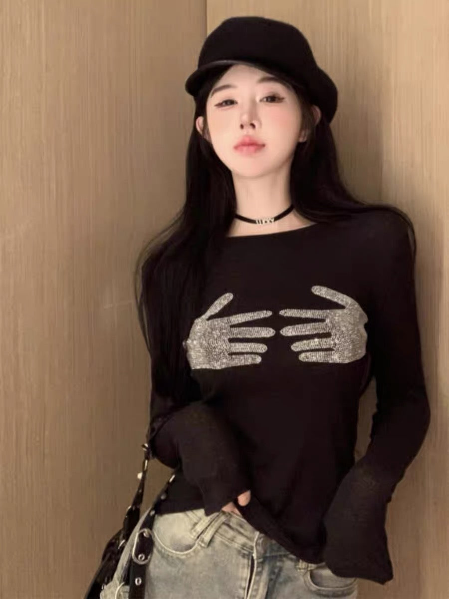 European and American long-sleeved T-shirts for women, autumn wear, temperament, heavy industry, hot diamonds, slimming, slightly see-through, short hot girl tops, black bottoming shirts