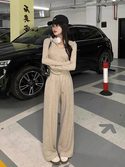 American fishbone hooded sweatshirt suit for women, spring and autumn 2023 new fashion casual wide-leg pants two-piece set with western style