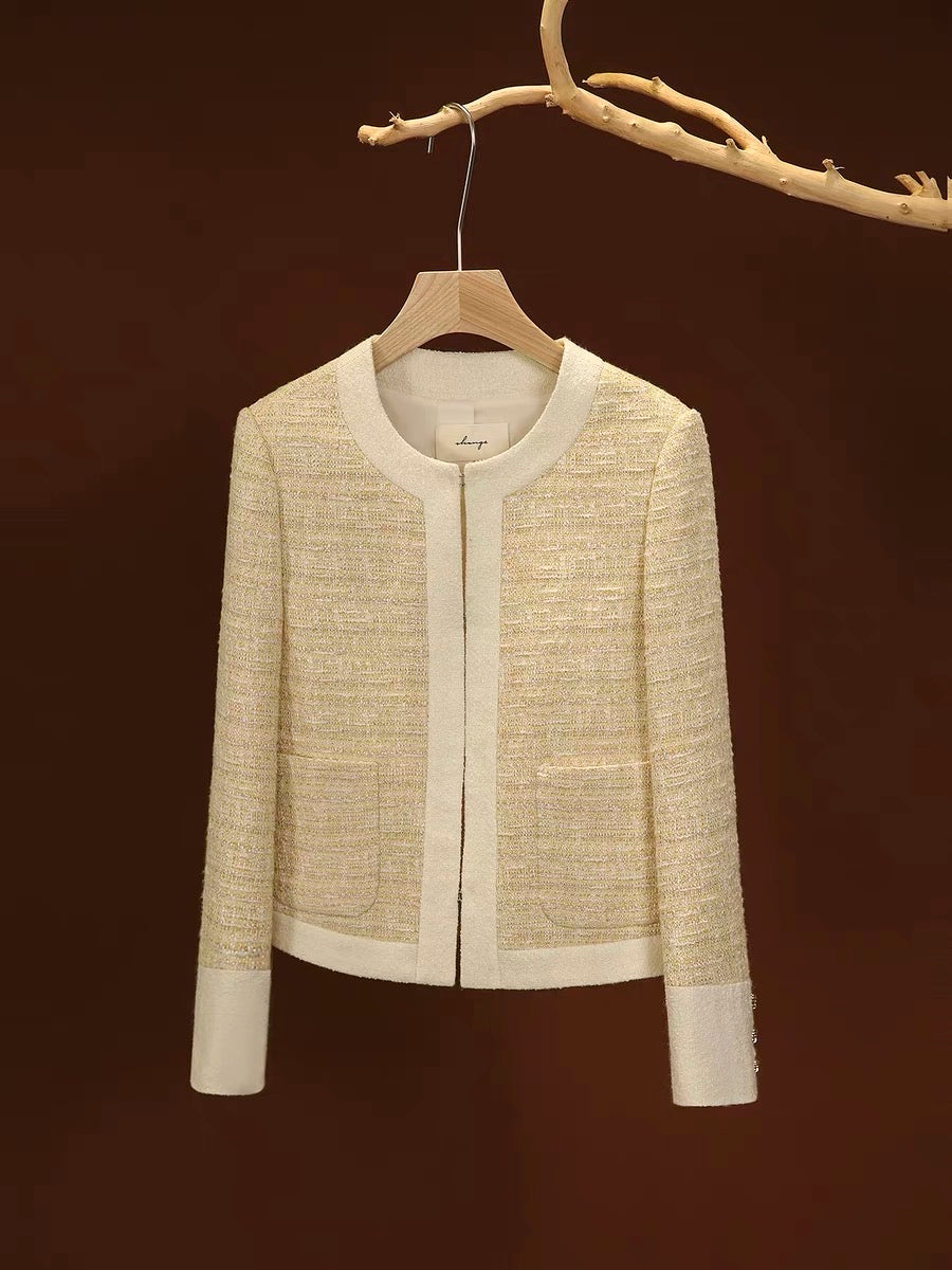 [WTF662636AG] Xiaohan Lemon Tea French Round Neck Tweed Wool Short Fragrance Jacket