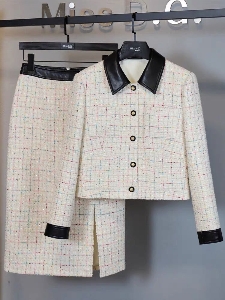 Miss DG small fragrance suit 2023 autumn and winter temperament simple high-end short coat mid-length skirt two-piece set for women (S0686)