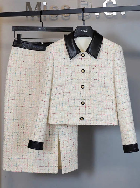 Miss DG small fragrance suit 2023 autumn and winter temperament simple high-end short coat mid-length skirt two-piece set for women (S0686)
