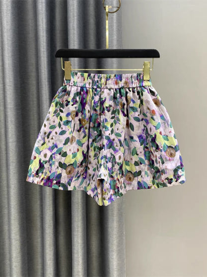Small fresh floral wide-leg shorts for women 2023 summer new style printed age-reducing elastic waist a-line slimming hot pants