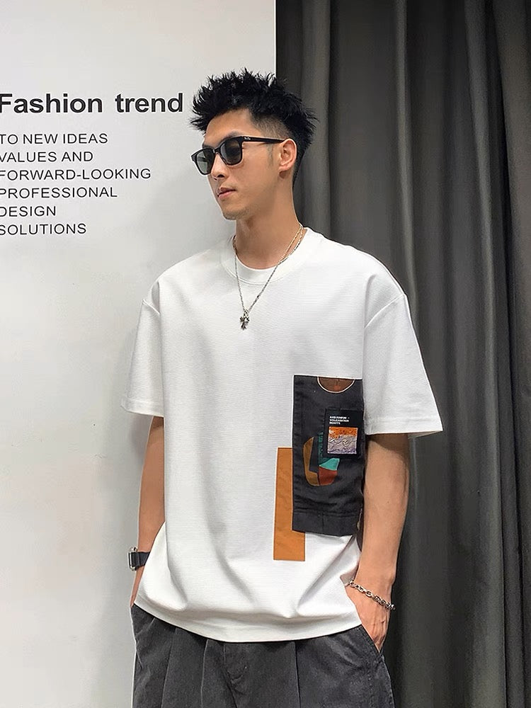 Xu Tailang's design sense of American splicing short-sleeved T-shirt men's summer fashion brand trend versatile three-quarter sleeve T-shirt top