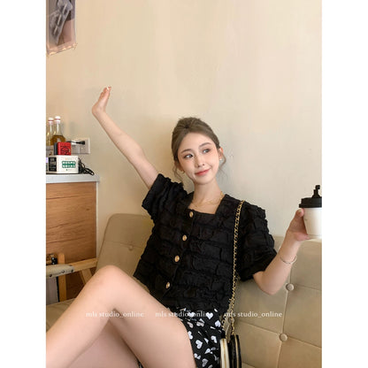 MLS high-end French unique chic small top women's summer fashion temperament small shirt bow short-sleeved shirt