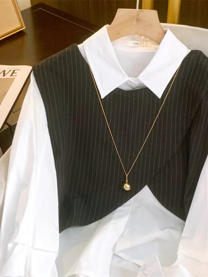 Early Autumn Hot Style 2023 Asymmetrical Cut Fake Two-piece Shirt Top Women's Chic Niche Commuting Polo Shirt V1126