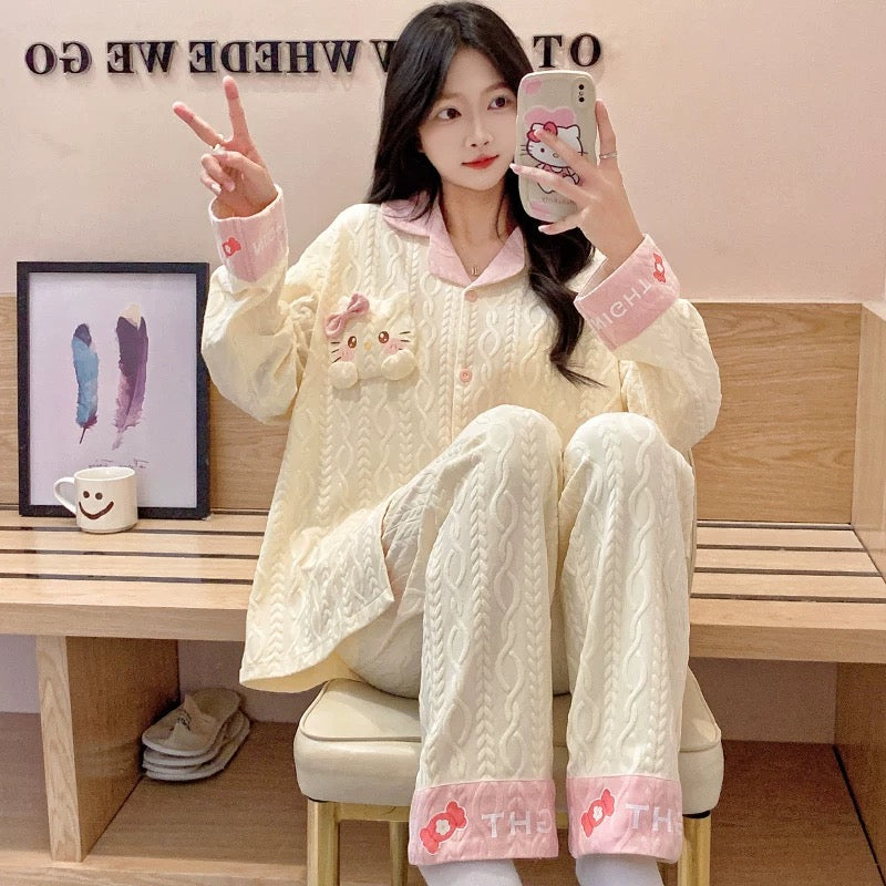 Pajamas women summer cardigan long-sleeved trousers suit summer ladies 2024 new cartoon spring autumn winter home clothes