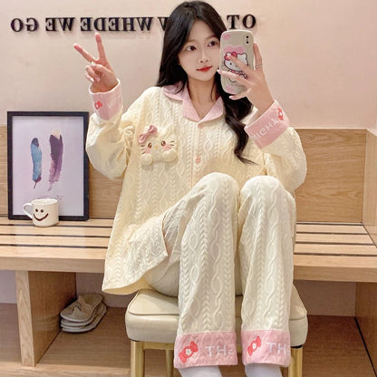 Pajamas women summer cardigan long-sleeved trousers suit summer ladies 2024 new cartoon spring autumn winter home clothes