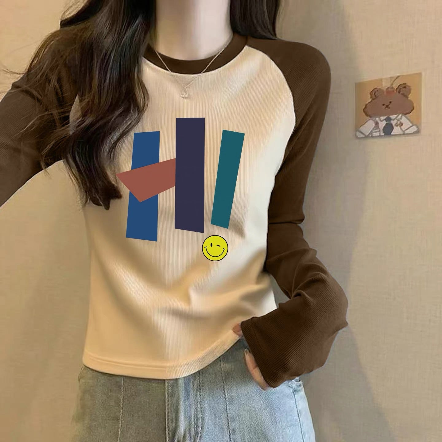 Contrast color pure cotton inner wear design sense splicing long-sleeved T-shirt female 2025 autumn and winter new European goods loose slim top M