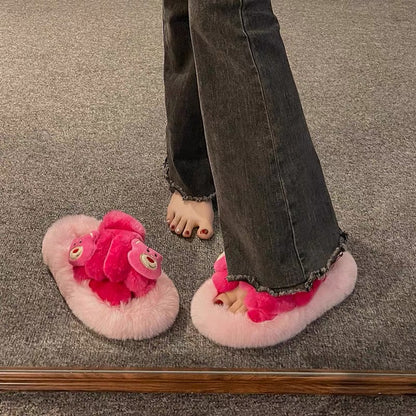 High-end cute strawberry bear fur shoes for women for outer wear 2023 autumn and winter new plush indoor home cartoon cotton slippers (S0713)