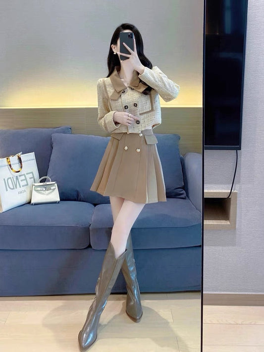 Temperament socialite two-piece set autumn 2023 new style waist slimming western style retro a-line skirt small fragrance suit for women (S4448)