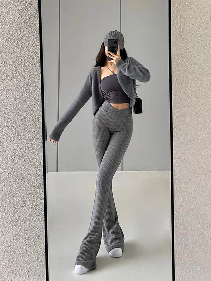 YoungGirlDay European and American high-waisted V-shaped waist tight slightly flared leg-length knitted casual pants floor-length trousers (B1815)