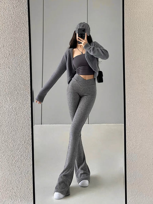 YoungGirlDay European and American high-waisted V-shaped waist tight slightly flared leg-length knitted casual pants floor-length trousers (B1815)