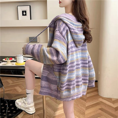 Fashionable design hooded sweater jacket for women 2023 new autumn versatile loose lazy style knitted cardigan (S0618)