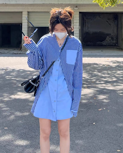 2023 new blue V-neck striped long-sleeved shirt dress summer loose niche casual fake two-piece dress for women