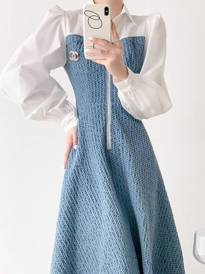 Fashion high-end exquisite small fragrant dress women's autumn and winter new style waist slimming fake two-piece long dress D9290