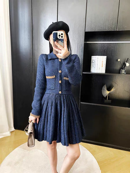 Autumn French retro sequin gold buckle diamond pleated slim-fitting small fragrant knitted dress bottoming slim sweater skirt D9199