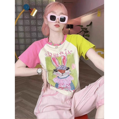 Dopamine wear contrast color rabbit raglan sleeve short-sleeved T-shirt female summer pure cotton hot girl slim high waist short top