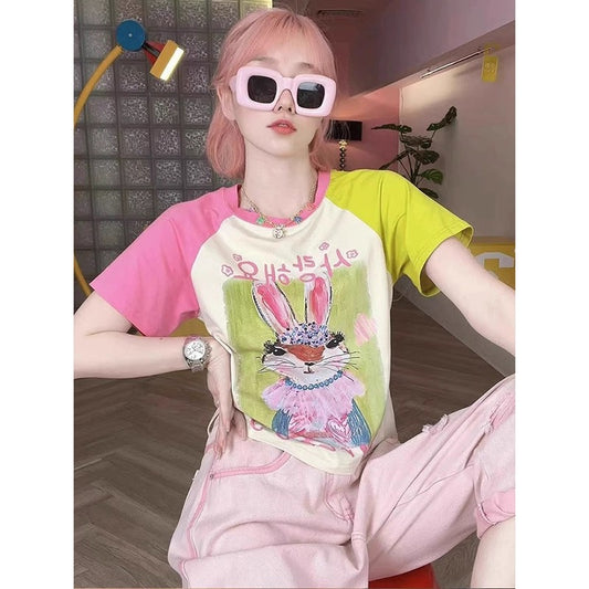 Dopamine wear contrast color rabbit raglan sleeve short-sleeved T-shirt female summer pure cotton hot girl slim high waist short top