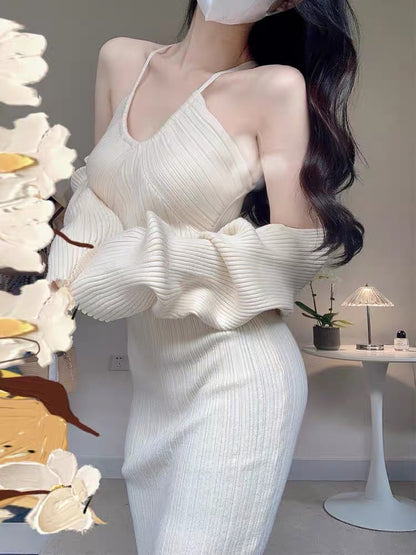 French halterneck, pure lust, sexy suspender-covering skirt, long-sleeved shawl, age-reducing waist, slimming knitted two-piece suit skirt (D026)