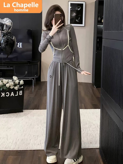 La Chapelle Casual Sports Suit Women's Autumn 2023 New Short Top High Waist Wide Leg Pants Two-piece Trendy Set