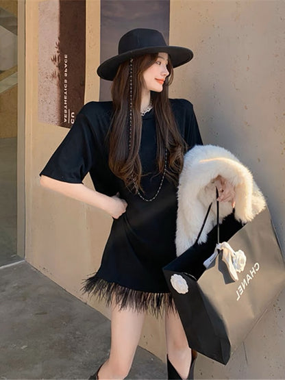 2023 new summer Korean style short-sleeved French retro Hepburn style raw edge tassel black T-shirt dress for women