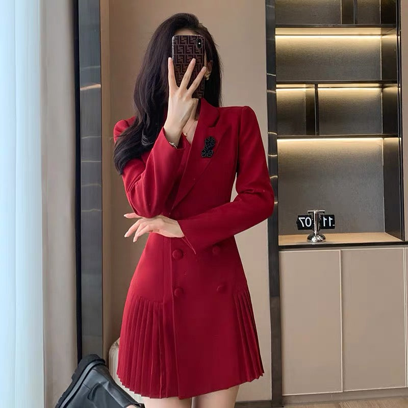 2023 Spring New Style Small Short Double-breasted Pleated Small A-Line Jacket Suit Skirt