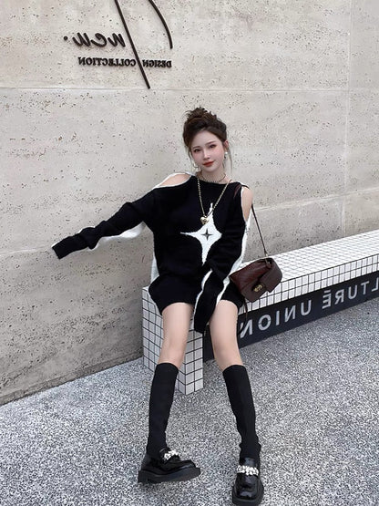Xiao P Clothes Station mid-length lazy style sweater for women in autumn and winter high-end zipper color-blocked pullover sweater top (T0945)