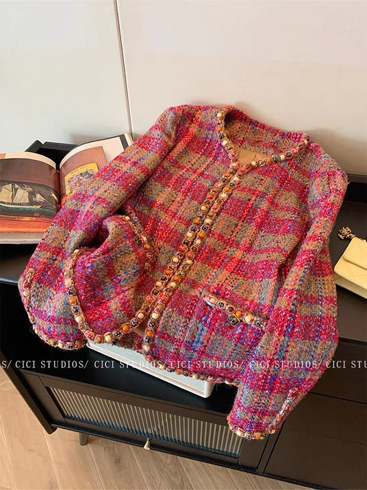 French high-end heavy-duty woven round-neck jacket for women autumn 2023 new style retro temperament celebrity small fragrance style top