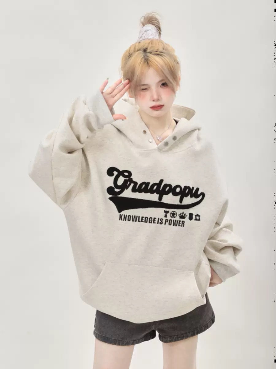 Lazy style oversize letter embroidered gray sweatshirt for women in autumn and winter American retro hooded heavyweight couple tops