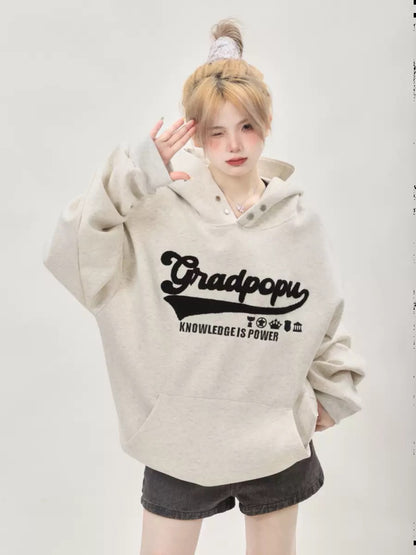 Lazy style oversize letter embroidered gray sweatshirt for women in autumn and winter American retro hooded heavyweight couple tops