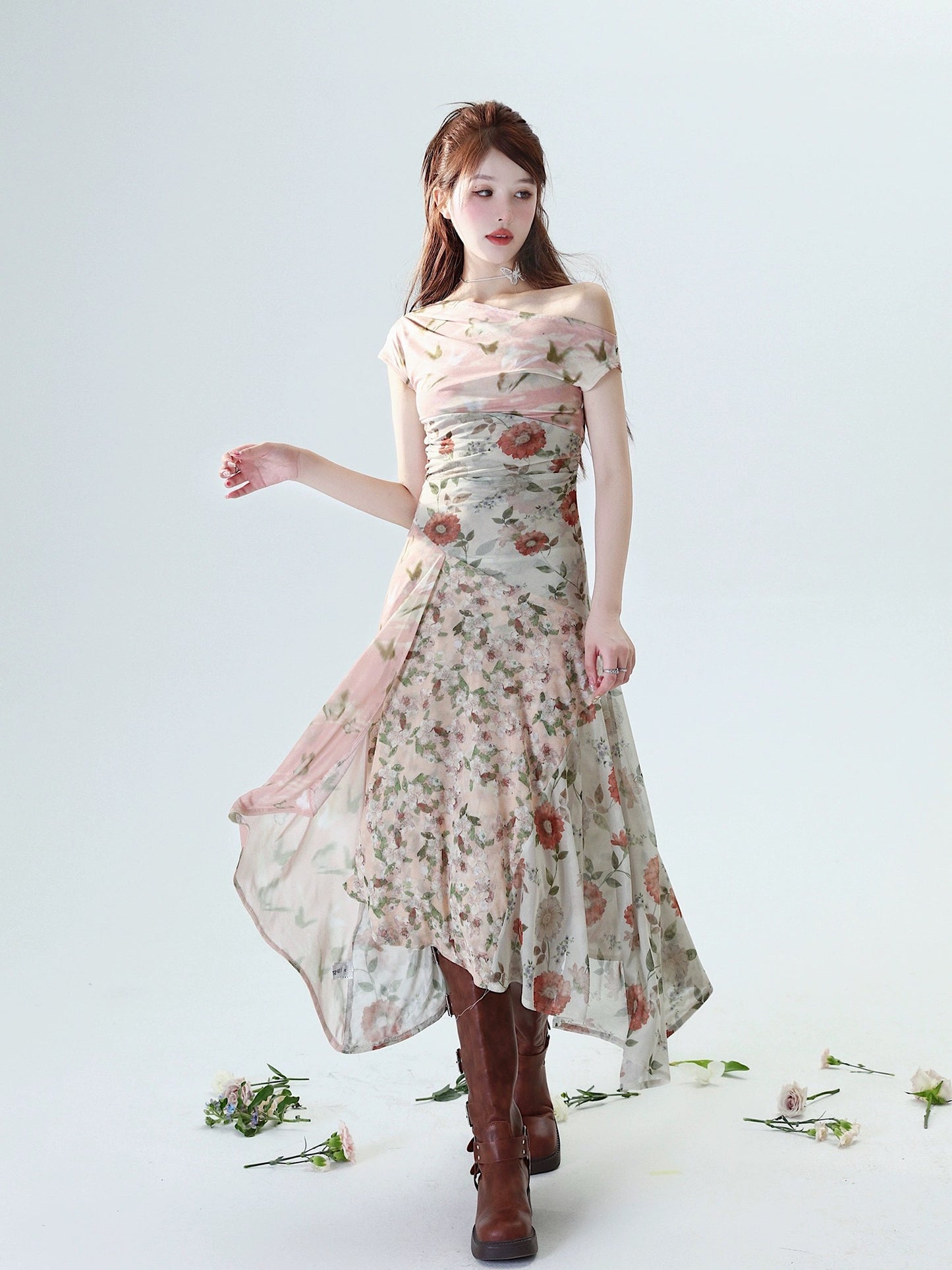 MOXI niche design stretch floral splicing sloping shoulder design slim dress exclusive travel long skirt