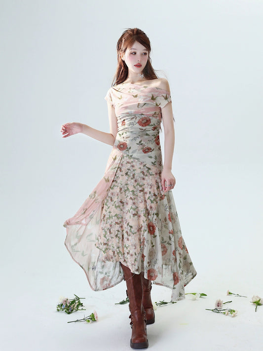 MOXI niche design stretch floral splicing sloping shoulder design slim dress exclusive travel long skirt
