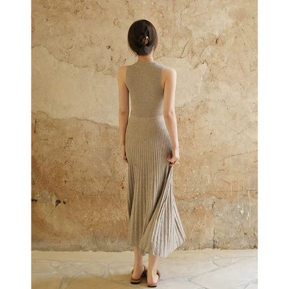 SerioLudere Eggboy is very lazy. Two-color waist slimming inner bottoming knitted skirt pleated long dress D436
