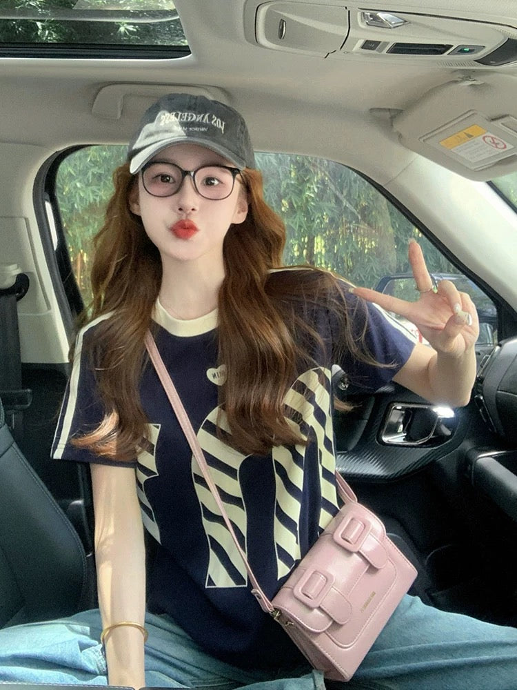 Contrast color letter print short-sleeved T-shirt for women 2025 new summer design American straight shoulder casual half-sleeved top