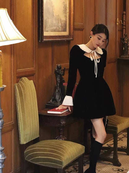 Thirteen and Little French Dress Women's Autumn and Winter A-Line Skirt Waist Long Sleeve Skirt Retro Velvet Little Black Skirt