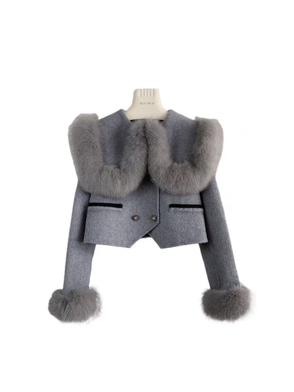 2023 new autumn and winter Xiaoguoguo imported natural fox fur coat women's double-sided woolen college short topT3462